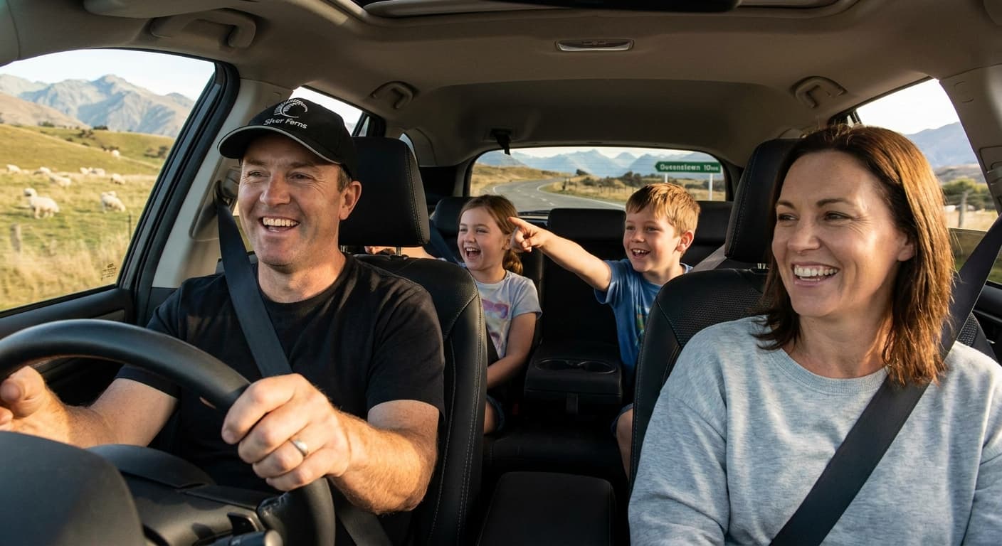 Kiwi family driving on a South Island road trip near Queenstown