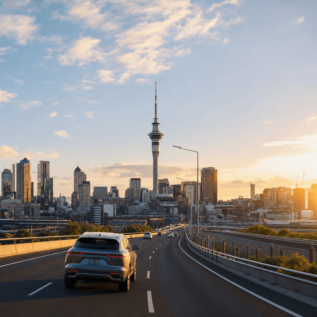 Modern car on an Auckland motorway with the city skyline beyond