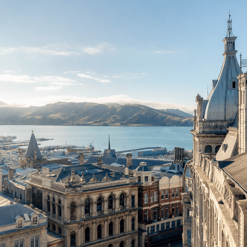 Historic stone architecture in central Dunedin with the harbour and Otago Peninsula beyond