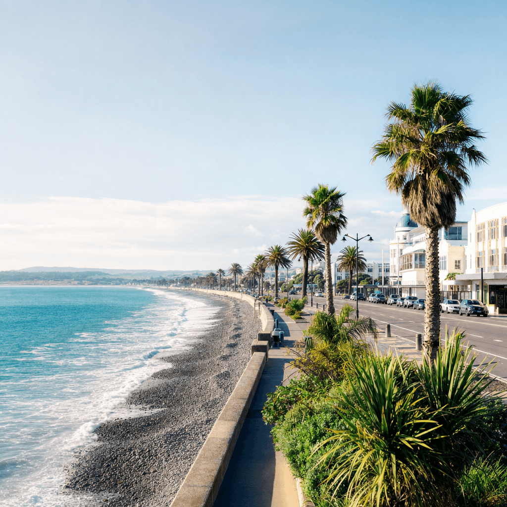 Art deco Marine Parade in Napier on a sunny day
