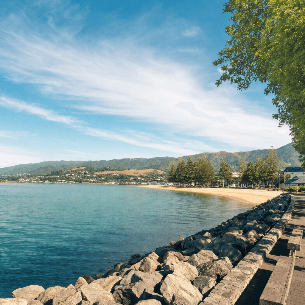 Nelson waterfront and Tasman Bay on a clear day