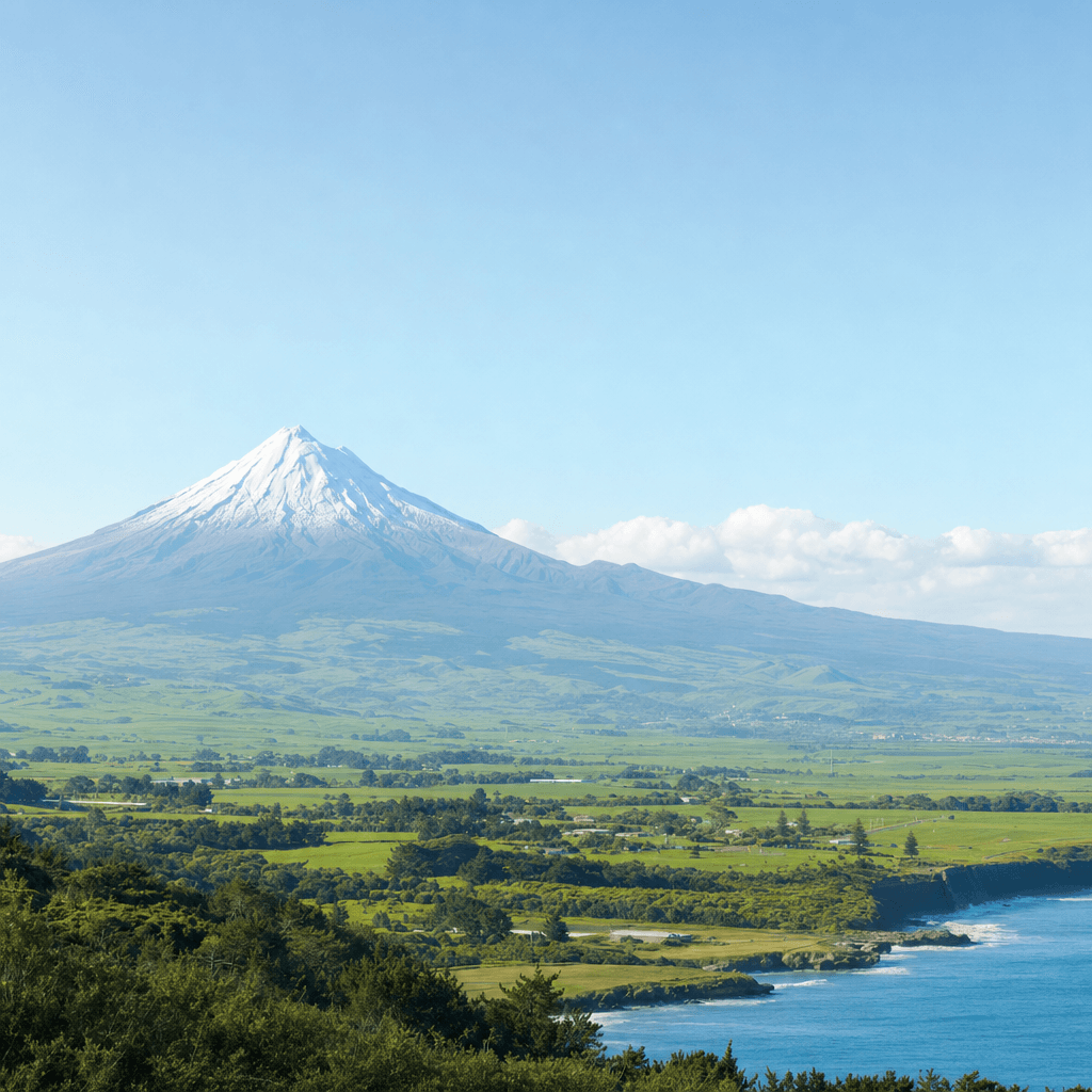 Mount Taranaki rising behind the New Plymouth coastline