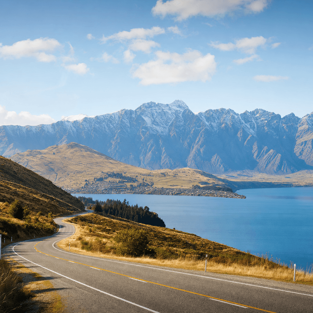 Lake Wakatipu and The Remarkables behind a Queenstown road