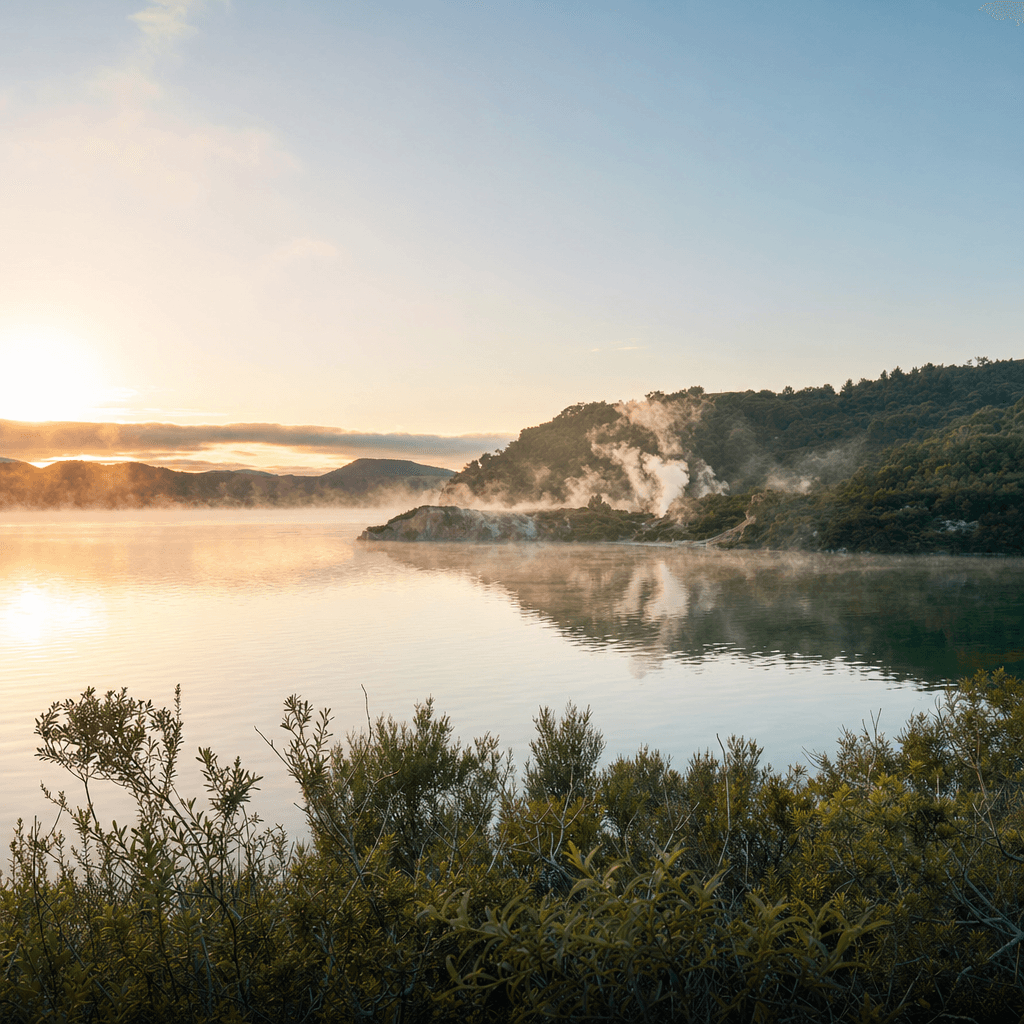 Lake Rotorua and geothermal landscape at dawn