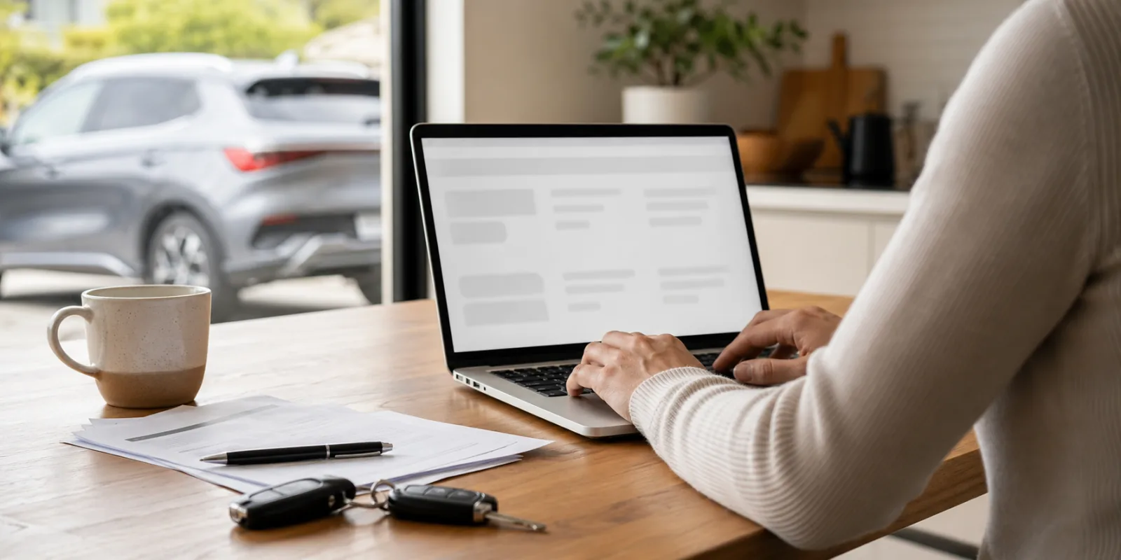 Online car finance application with car keys on a table