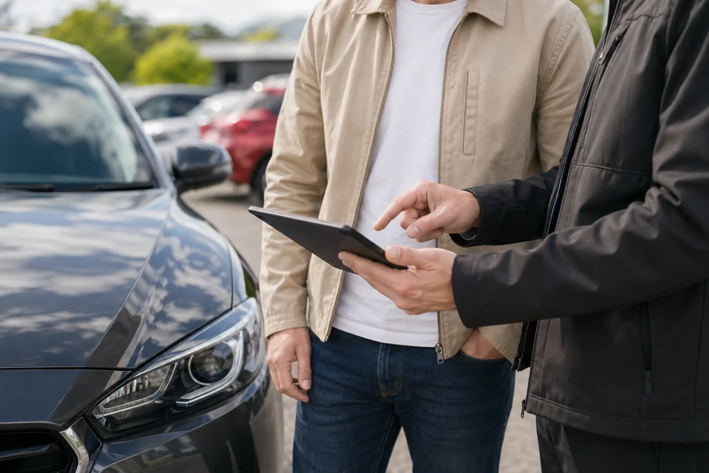 Dealer car finance discussion beside a vehicle