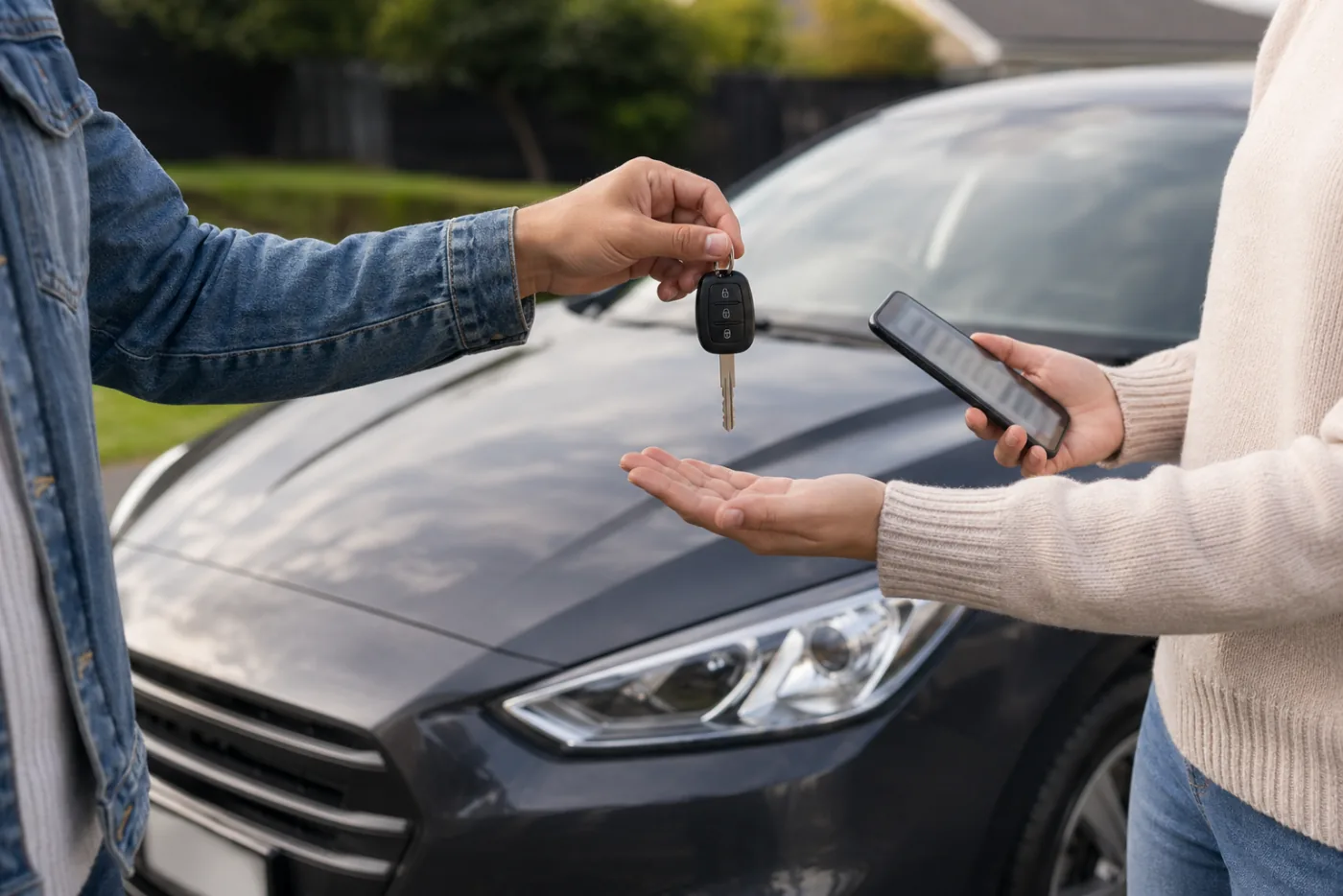 Private sale key handover beside a car