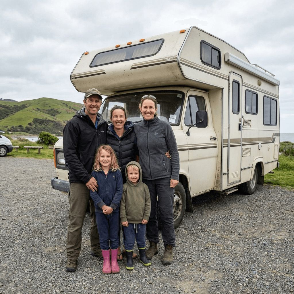 Caravan parked at a scenic New Zealand campsite