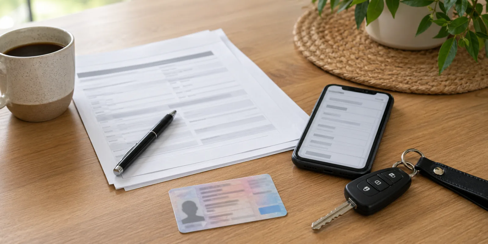 Car finance documents, keys, and phone prepared on a desk