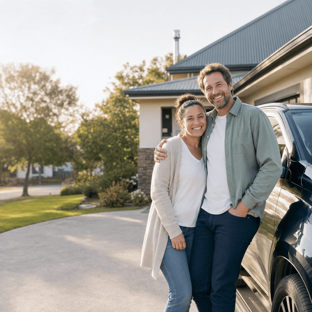 A relieved New Zealand couple beside their car at home