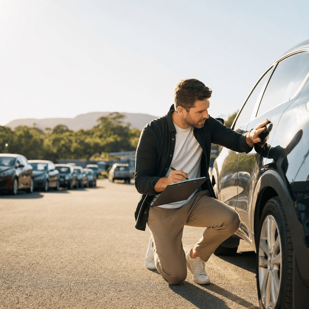 A buyer checking over a used car with a clipboard