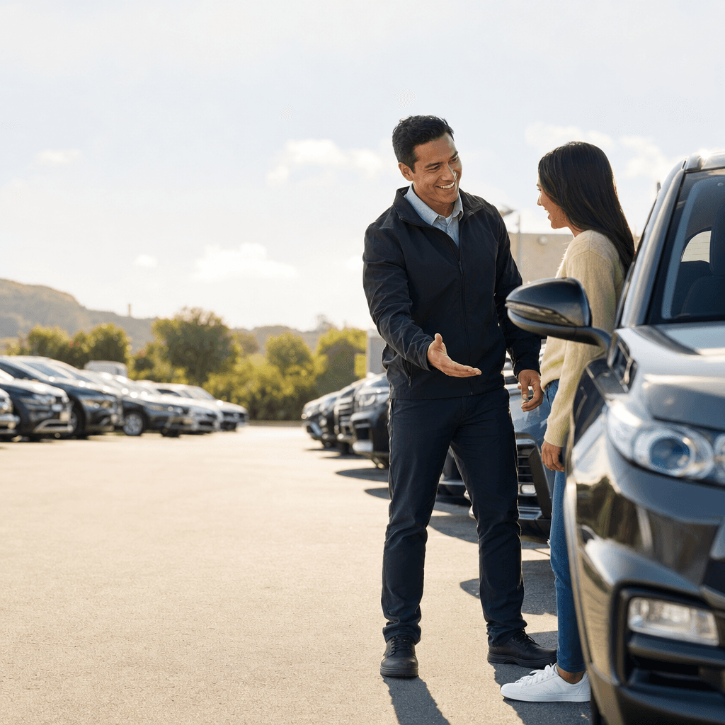A salesperson showing a car to a buyer on a dealership forecourt