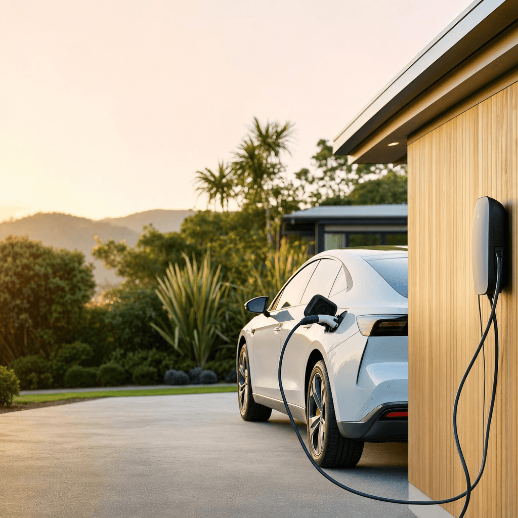 An electric car charging at a New Zealand home