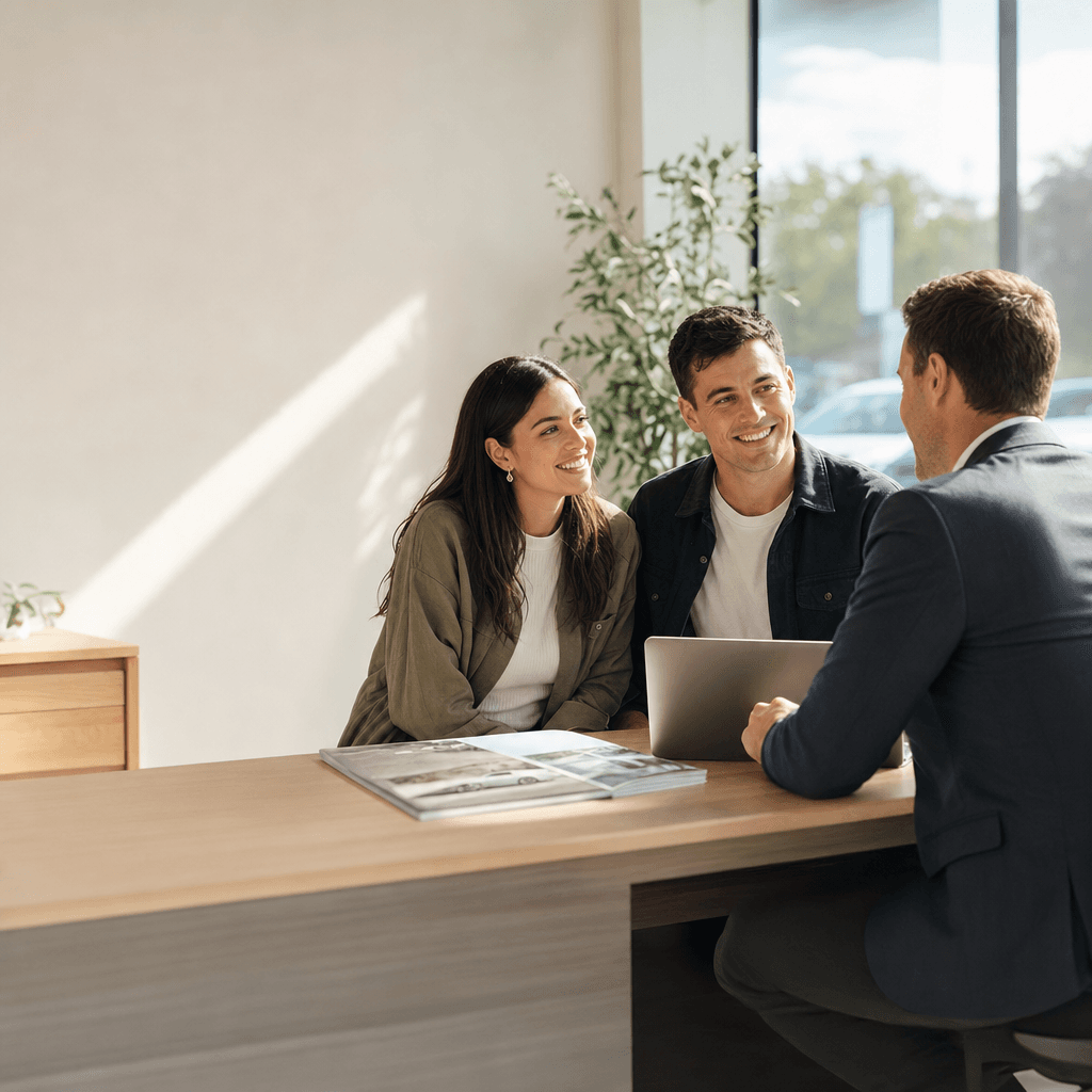 An adviser explaining car finance to a young New Zealand couple