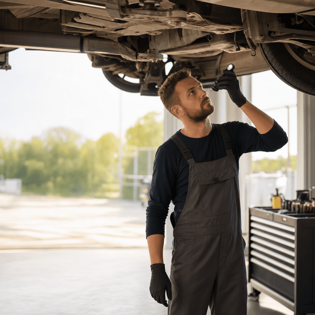 A mechanic inspecting a car on a workshop hoist