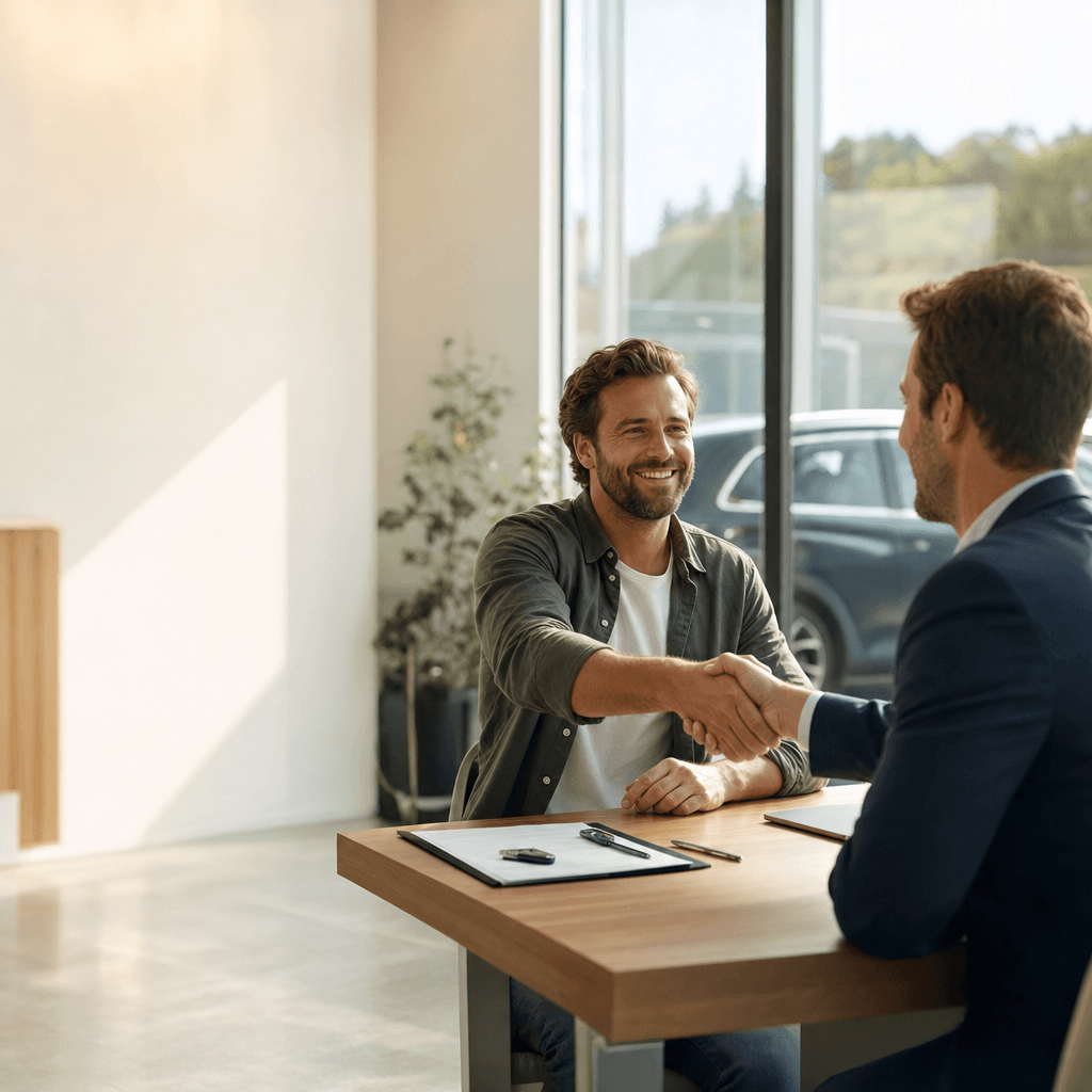 A buyer shaking hands on a car deal at a dealership
