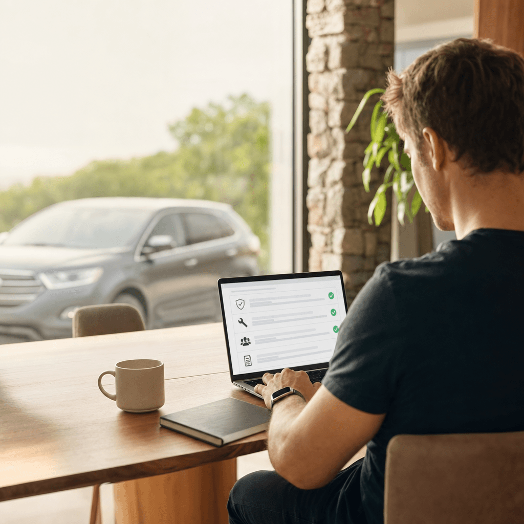 Checking a vehicle's history on a laptop before buying