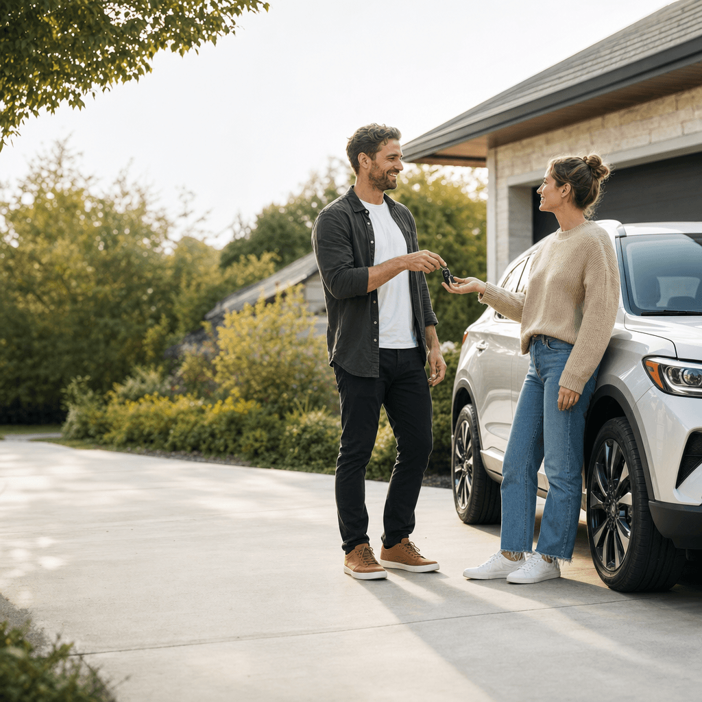 Handing over car keys in a private sale in a driveway
