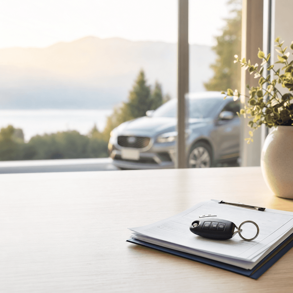 Car keys resting on vehicle loan paperwork
