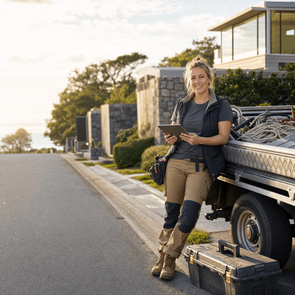 A self-employed tradesperson beside their work ute