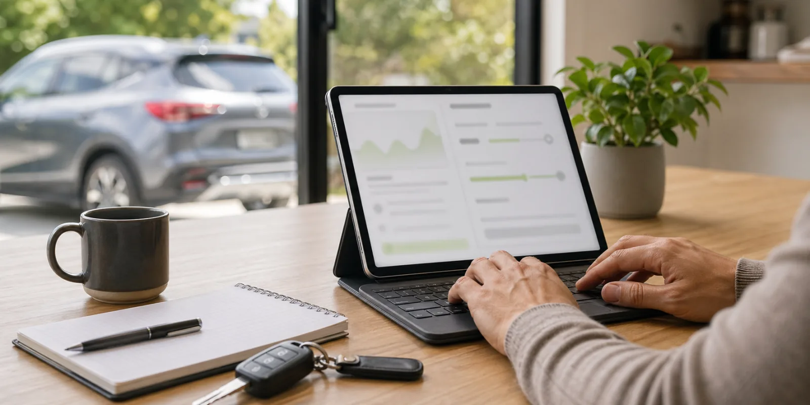 Repayment planning on a tablet with car keys on a desk