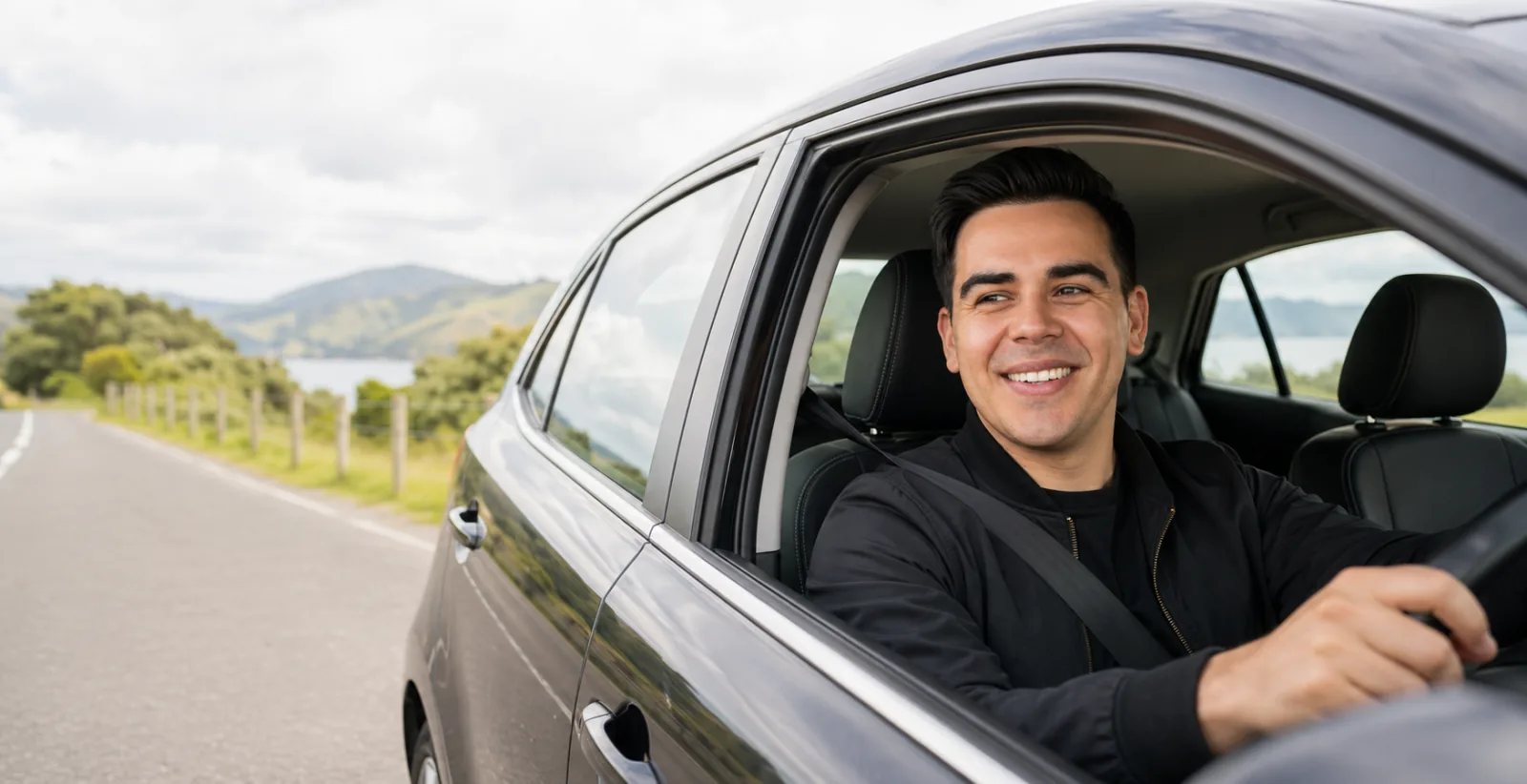 Smiling driver seen through a car window