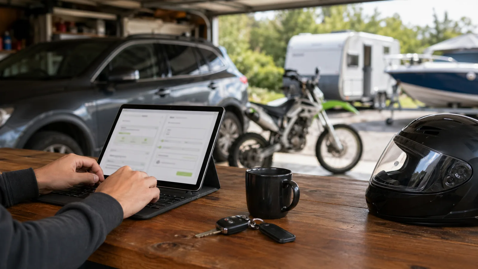 Vehicle finance options being compared online in a garage